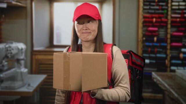 Woman courier holding a cardboard parcel wearing a red cap and insulated backpack inside a sewing studio; duty service.