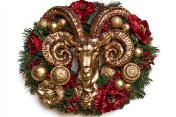 Fototapeta premium Golden ram head christmas wreath decorating holiday season