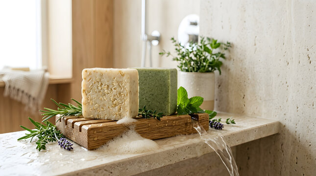 Sensory botanical wellness still life with natural ingredients, tactile textures, elegant lighting, and clean commercial composition. AI Generated.