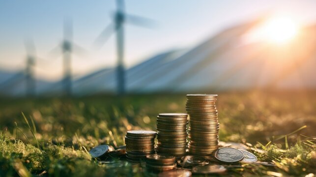 Stacked coin pile on grass with solar panels and wind turbines generating sustainable clean energy in background during golden hour sunlight