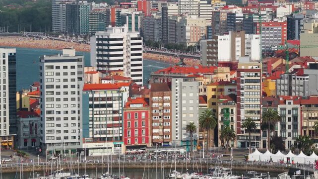 Aerial \iew of Downtown Gijon  - Marina and Boats, Cimavilla Peninsula, and Coastline Cityscape in Asturias, Northern Spain