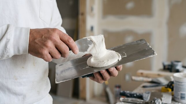 Professional plasterer applying drywall joint compound onto a metal trowel with a putty knife for wall finishing during a home renovation and repair project.
