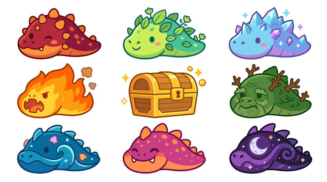 Cartoon fantasy monster sprites and mimic treasure chest.