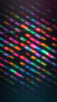 Neon workflow nodes for training, deployment, datasets and models spread across a dark data grid, creating a vivid vertical visual for AI marketing and tech explainers.