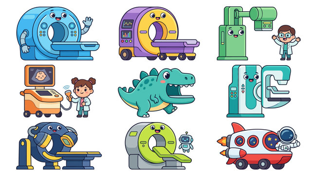 Cartoon medical imaging equipment and diagnostic machines in playful styles.