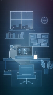 Cozy home office animation shows a laptop video call, desk lamp, coffee, rain, and planning board in a calm vertical scene for remote work marketing and business content.