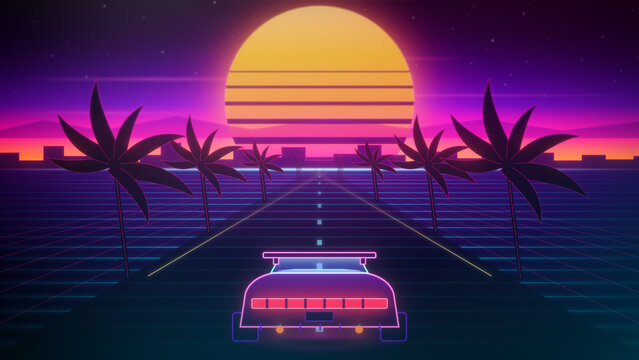 Retro sports car races along a neon grid highway toward a glowing sunset in an energetic 1980s synthwave game animation for music promos, ads, and social media.