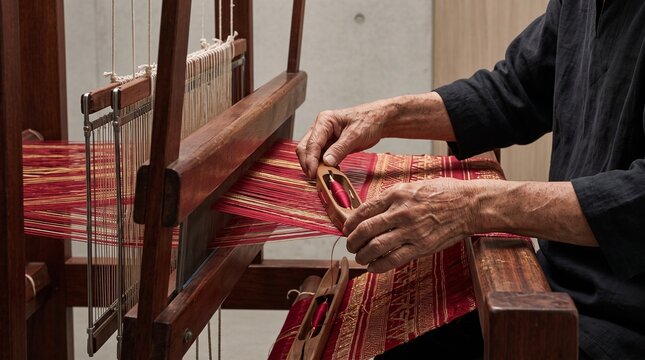 Close up of hands weaving traditional red and gold fabric on a wooden loom, ideal for cultural heritage and ethnic textile craft.