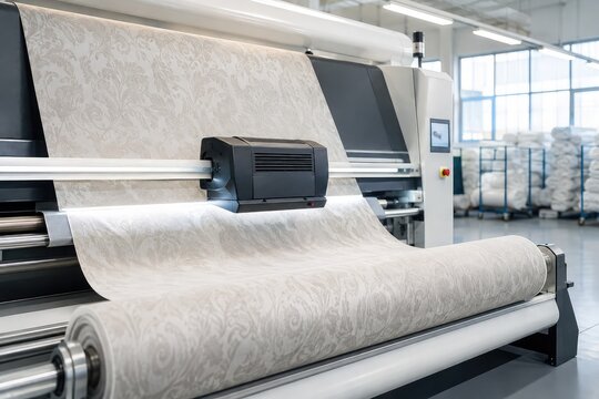 Industrial digital textile printing machine processing white fabric roll in a modern clean factory production facility environment
