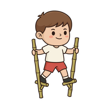 Cute Boy Playing Egrang Bamboo Stilts Traditional Indonesian Game Illustration