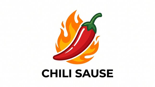 Red chili pepper icon with orange fire flames for spicy food logo design