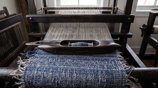 Close-up of a vintage wooden handloom featuring blue woven textile and a shuttle tool used for traditional fabric manufacturing.