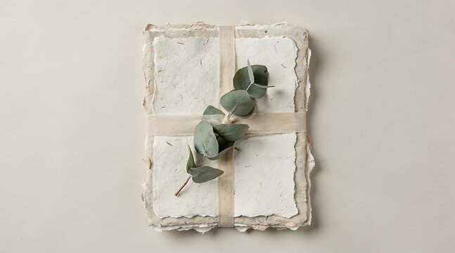 Handmade paper gift box tied with ribbon and decorated with eucalyptus leaves.