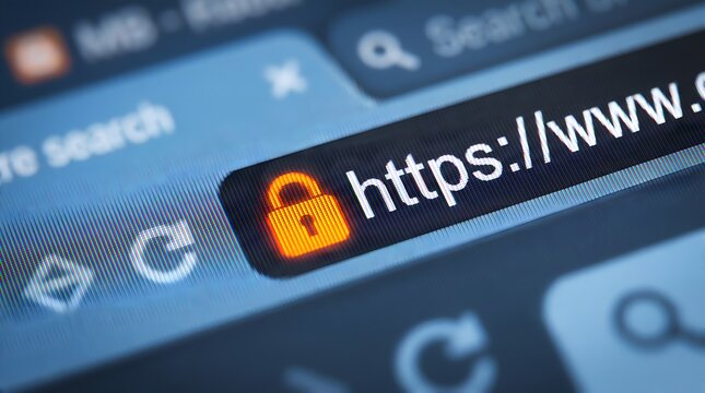 Glowing orange padlock icon next to a https web address in a browser search bar on a digital screen for internet security and data protection concept.