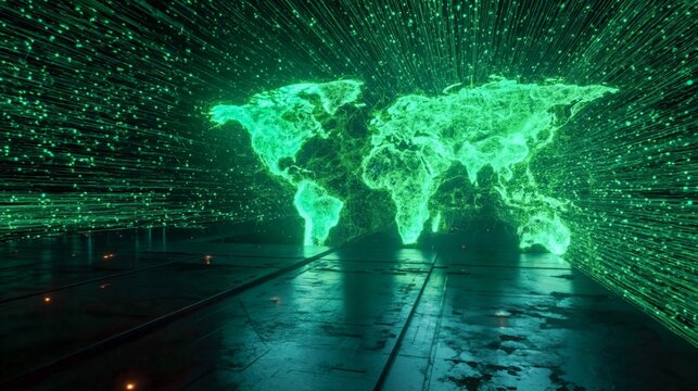 Global network story background of a glowing green world map with data streams. Ideal for technology and telecommunication presentations.
