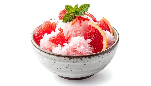 Refreshing Korean bingsu with ruby red grapefruit wedges, fluffy shaved ice, grapefruit zest garnish, minimal ceramic bowl, isolated on white background