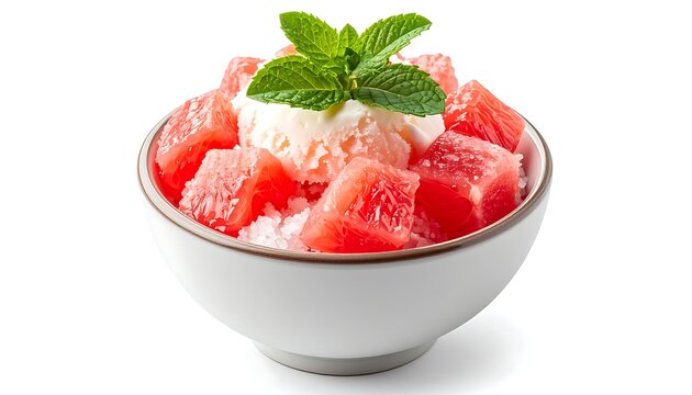 Premium grapefruit bingsu featuring vibrant ruby red grapefruit chunks, creamy shaved ice, fresh mint leaves, elegant Korean dessert bowl, isolated on transparent background