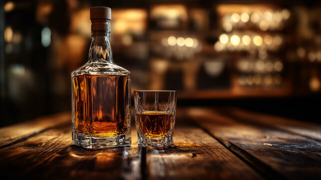 Whiskey Bottle and Glass on Wooden Bar