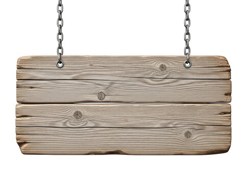 Rough wooden sign hanging from chains
