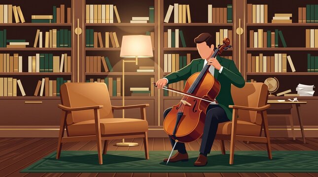 Elegant vector illustration of a man playing cello in a vintage library, ideal for classical music and luxury lifestyle media.