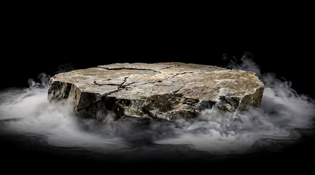 Stone Platform with Smoke and Fog on Black Background.