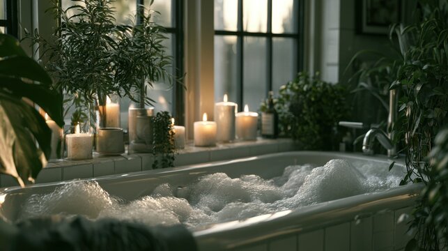 Relaxing bathroom scene with bubble bath filled tub surrounded by green plants and softly glowing candles by large windows creating cozy atmosphere