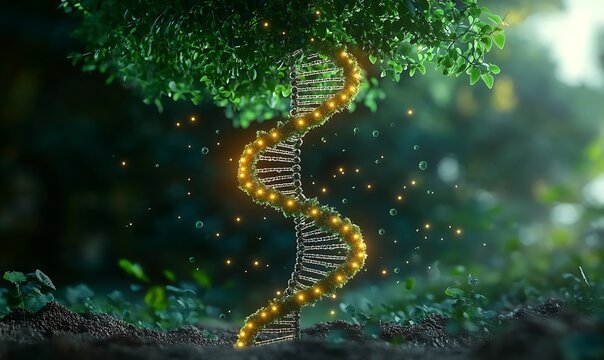 DNA helix entwined with tree branches symbolizing natural genesis and life's code.