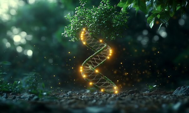 DNA helix entwined with tree branches symbolizing natural genesis and life's code.