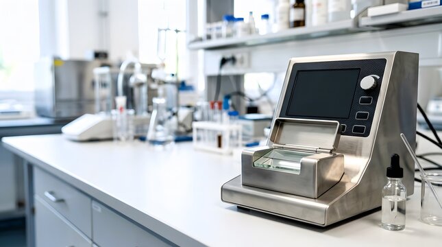 closeup of laboratory digital refractometer with optical measurement prism for liquid concentration testing and quality control
