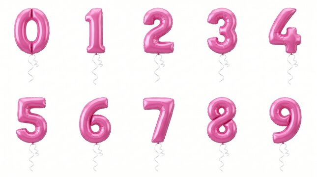 Pink foil balloon numbers from zero to nine isolated on a white background for birthday party decoration