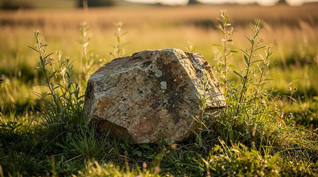Large weathered boulder resting in a sunlit grassy field.