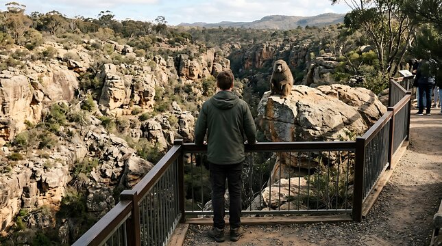 A man standing on a lookout platform enjoying the scenic view of a rocky gorge in Australia.