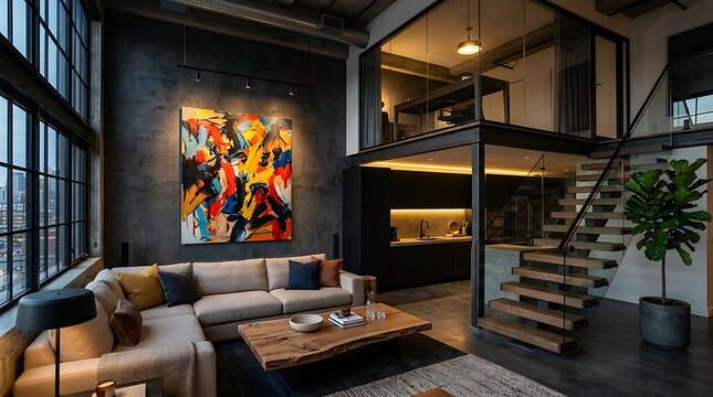 Modern Loft Apartment: A stylish open-plan loft apartment featuring industrial design elements, a cozy sectional sofa, abstract art, and a mezzanine level with a staircase.