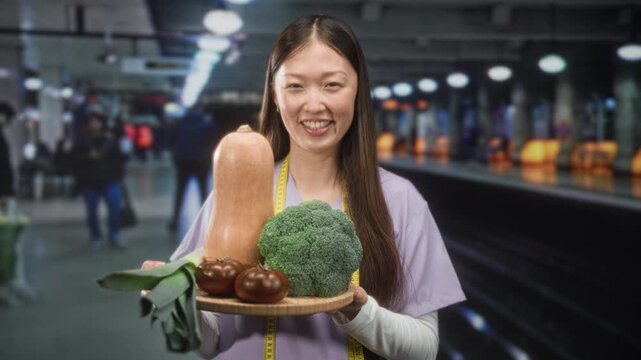 Woman holding a tray of vegetables with tape measure visible, hands presenting broccoli and squash in a busy building; nutrition wellness.