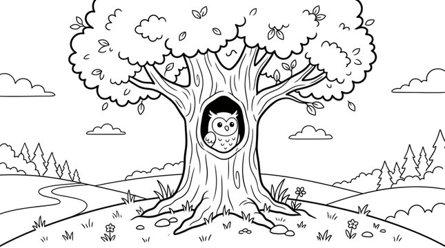Cute owl sitting in tree hollow coloring page for kids with coloring landscape children activity illustration