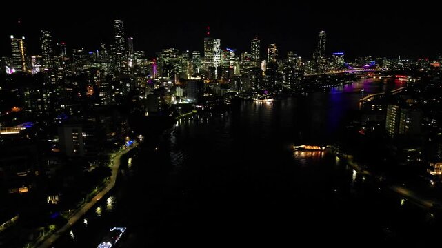Aerial view of Brisbane city and Story bridge at night