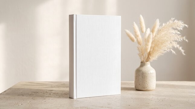 Upright Blank White Hardcover Book Mockup with Pampas Grass on Concrete Table