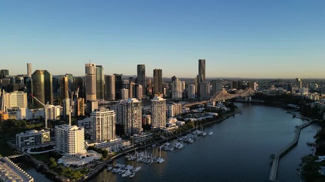 Sunset aerial view of Brisbane city and the Brisbane River