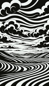 Abstract Swirling Landscape with Clouds in Black and White
