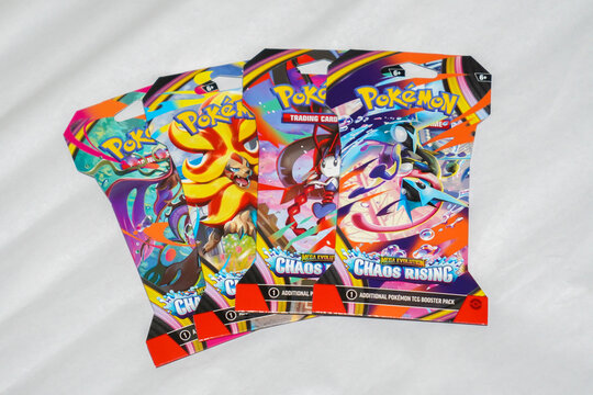 Studio shot of an official Pok&eacute;mon Trading Card Game sleeved booster pack from the Mega Evolution Chaos Rising expansion against a white background in Selangor, Malaysia on August 5, 2026.