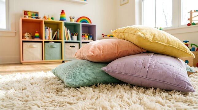 Cozy Children's Playroom: A vibrant and inviting children's playroom filled with colorful toys and comfortable cushions, creating a warm and stimulating environment for young minds.