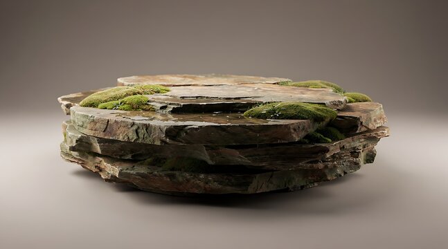 Layered geological rock formation with moss and lichen detail.