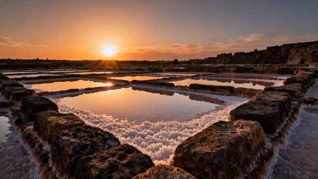 Salt pans at sunset with reflective water and crystallized salt deposits