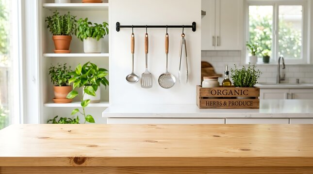 Kitchen Countertop with Herbs and Utensils: A rustic kitchen scene featuring a wooden countertop, shelves filled with potted herbs, and cooking utensils hanging on a wall.