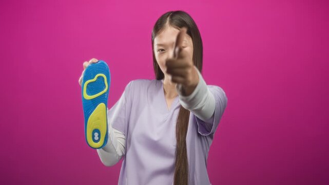 Woman doctor in scrubs holding a blue and yellow insole and pointing finger at camera in studio; comfort confidence.
