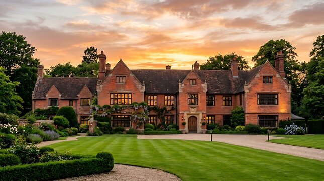 Historic Manor at Sunset: A grand, historic manor with intricate brickwork and sprawling gardens is illuminated by the warm hues of a sunset.