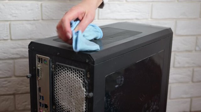 Person cleaning a dusty desktop computer case. Close-up of a hand using a blue microfiber cloth to wipe dust from the surface of an old, black desktop computer tower