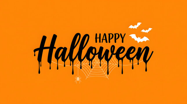 Halloween text with orange pumpkin and black bats on gradient background