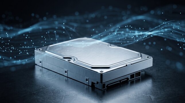 Futuristic Hard Drive: A sleek, metallic hard drive rests on a reflective surface, surrounded by glowing digital waves and particles, symbolizing data, technology, and connectivity.