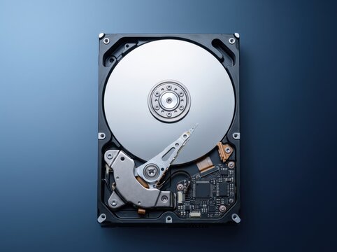 Hard Disk Drive Interior: A detailed close-up reveals the intricate inner workings of a computer hard disk drive, showcasing the spinning platter, read/write head, and circuit board.